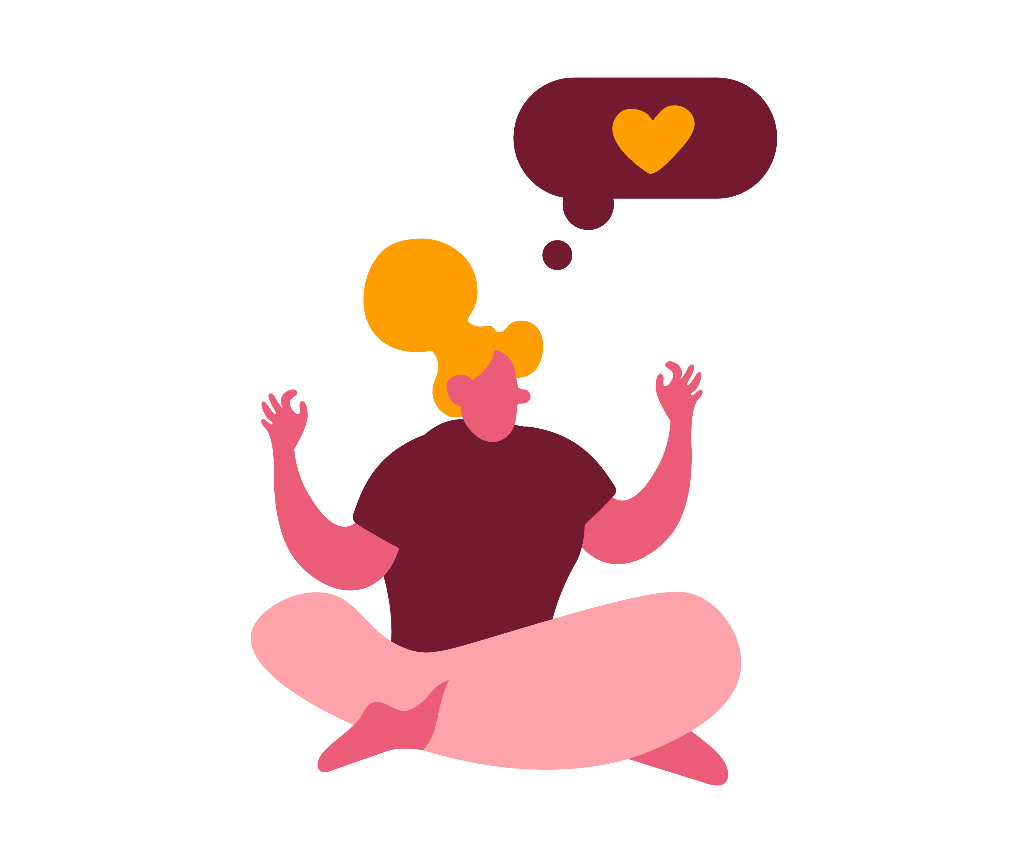 mindful woman sitting cross-legged, yellow heart symbol in thought bubble