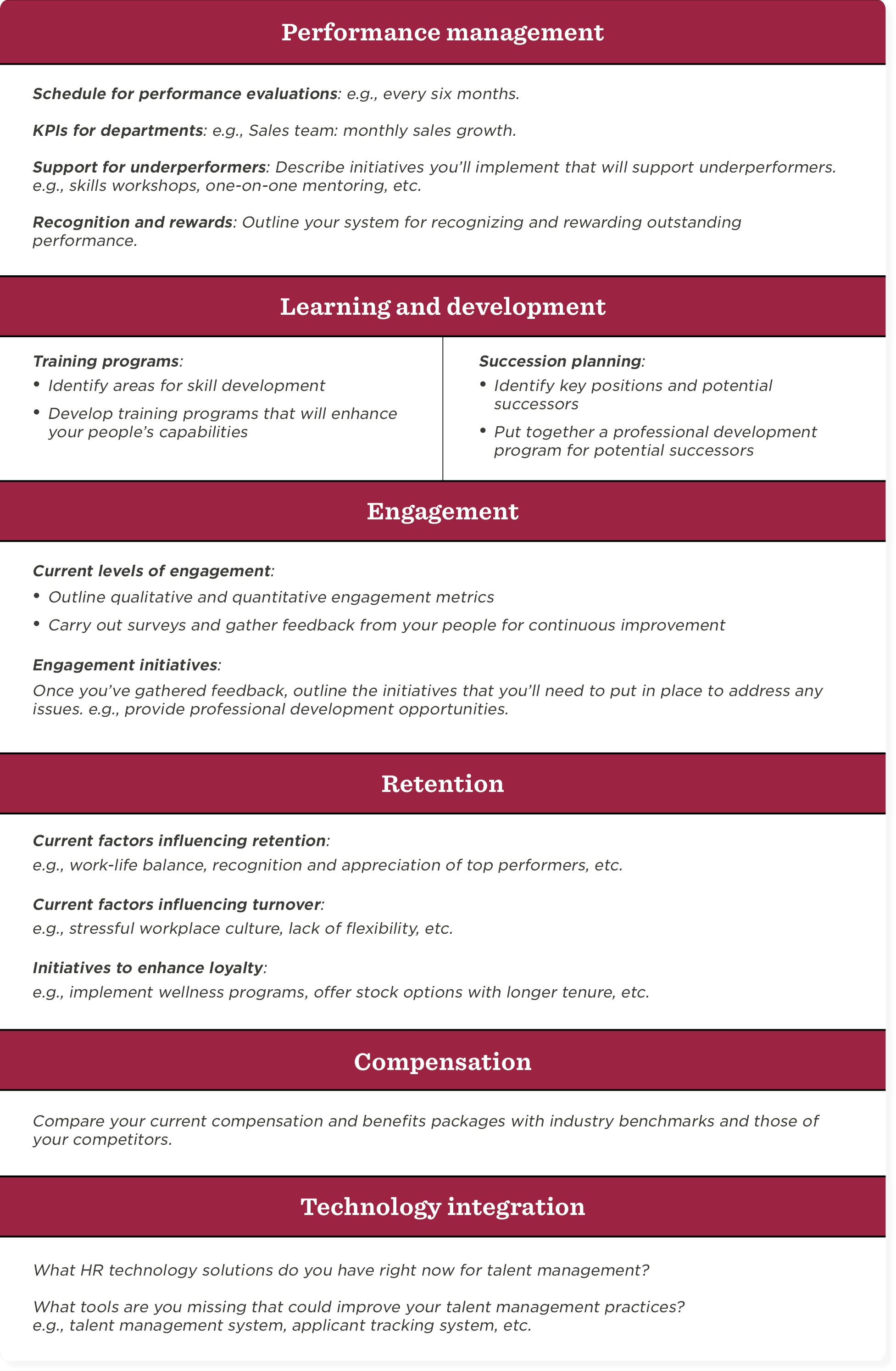 performance management, employee engagement, training programs, retention strategies