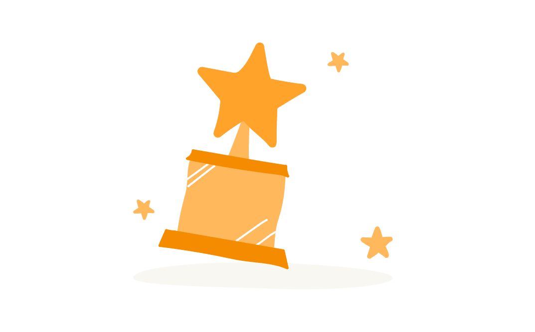 trophy with star on top surrounded by small stars, bright orange color, representing achievement and celebration, trophy award design for recognition and success
