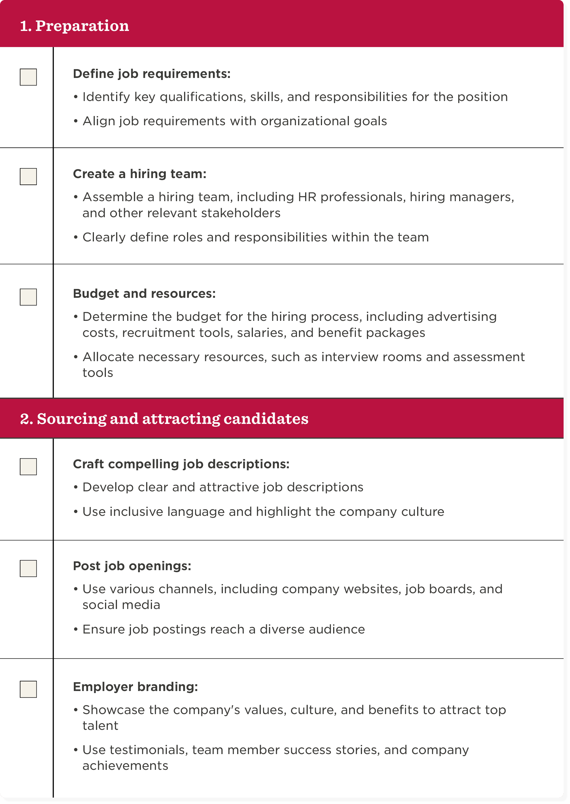 Preparation and sourcing in hiring process outline with budget, team roles, job descriptions, and employer branding tips, HR recruitment strategies for effective hiring, including job requirements and candidate attraction methods