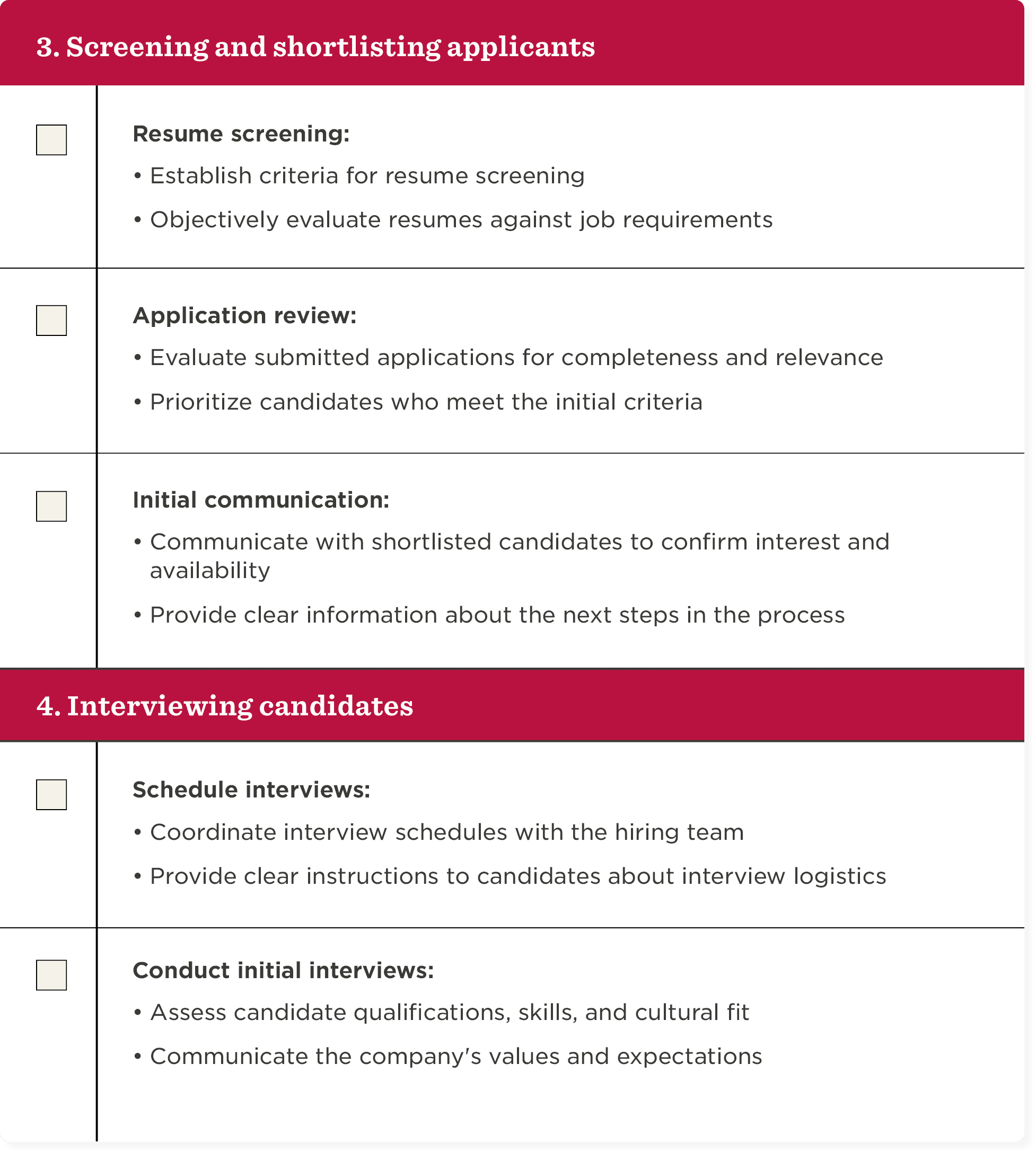 screening applicants process checklist, resume application review interview scheduling communication