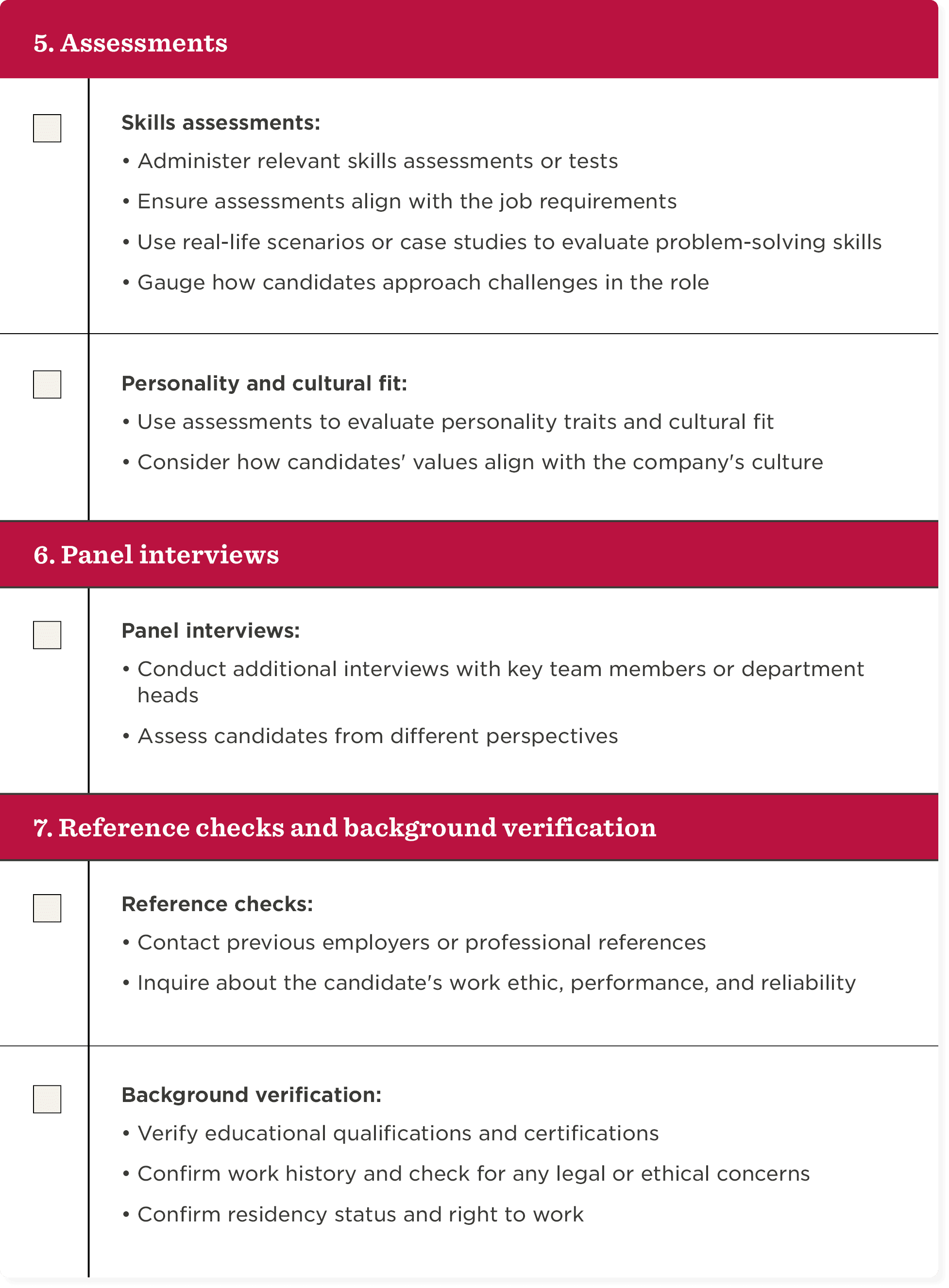 assessments, panel interviews, reference checks, background verification