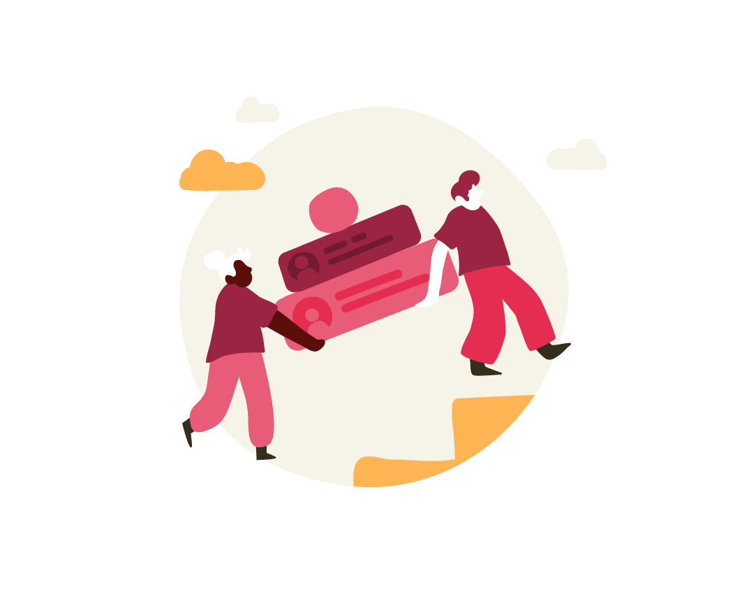 diverse individuals carrying a large card illustration, symbolizing teamwork or collaboration, colorful vector art with clouds in background