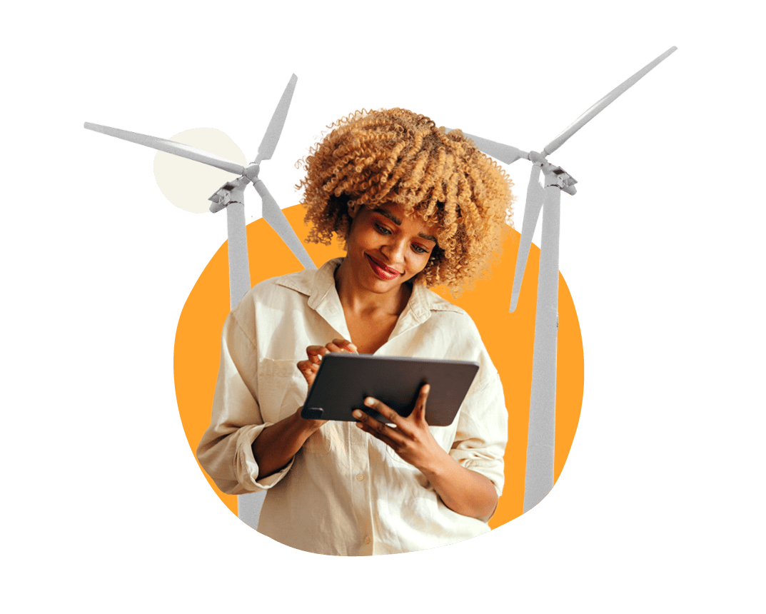 woman using tablet, wind turbines background, orange circular design