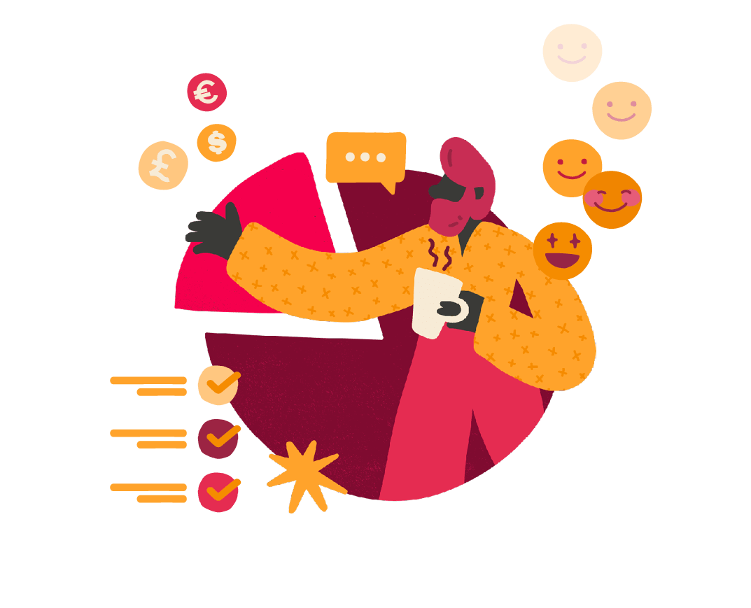 illustration of a person with coffee and pie chart, surrounded by currency symbols and smiley faces, colorful graphic design showing finance and satisfaction elements