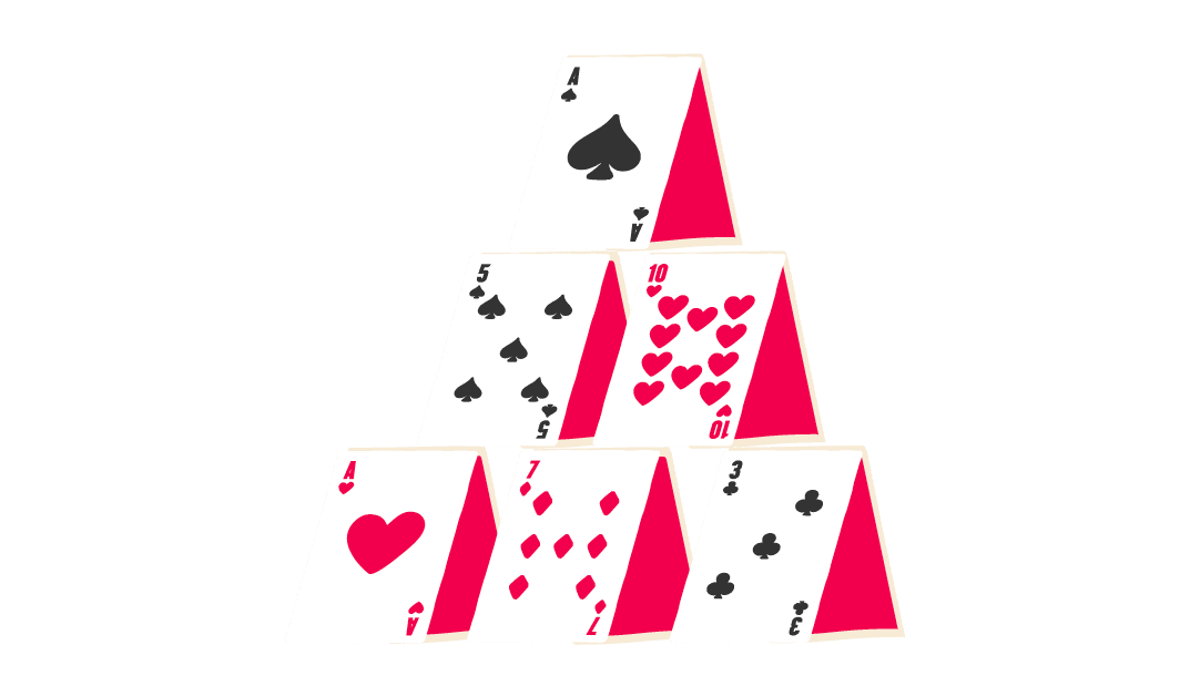 playing cards pyramid structure, colorful hearts and spades cards stacked creatively