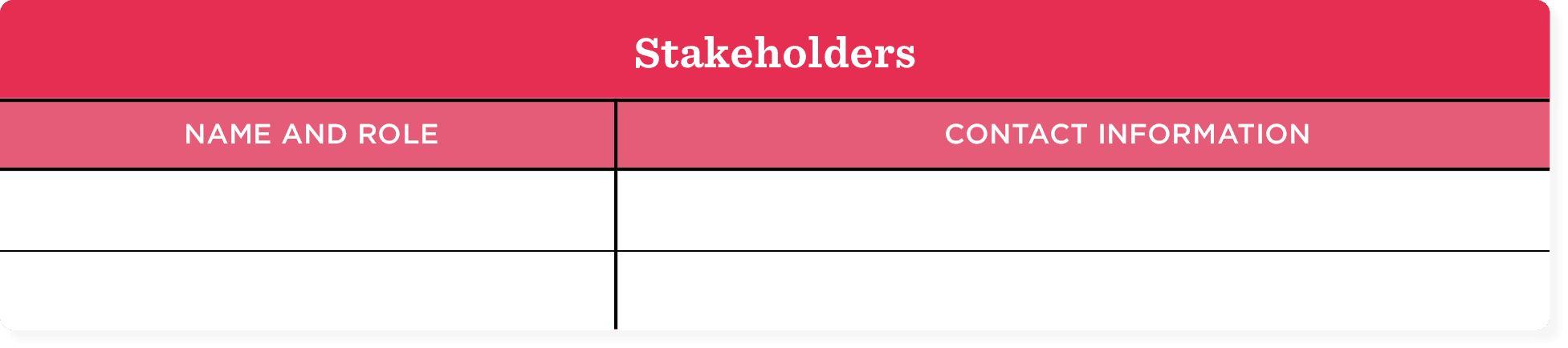Stakeholder table with headings for names, roles, and contact information against a bright pink background.