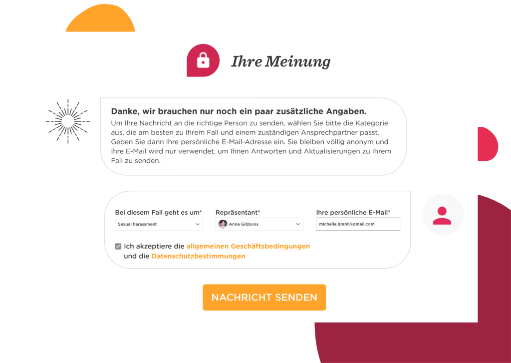 Ihre Meinung feedback form with email input and category selection for assistance, featuring a secure lock icon. , feedback form, secure communication