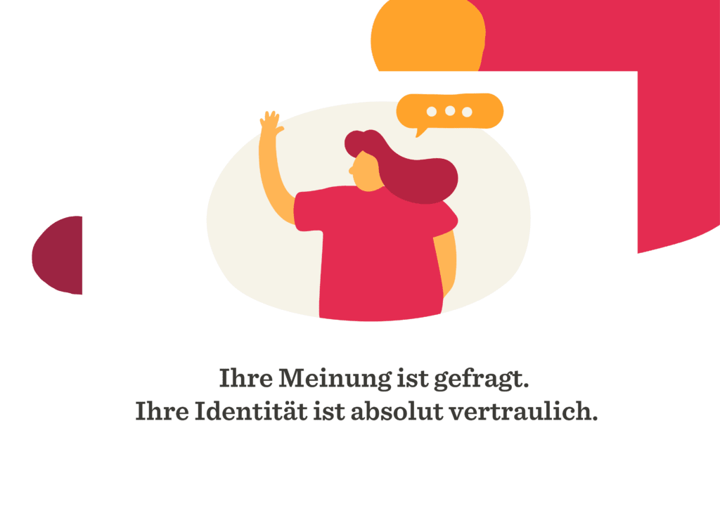 sprechende Person mit erhobener Hand, Textblase für Meinungsumfrage, vertrauensvolle Kommunikation, bunte Illustrationen und Text über Anonymität und Meinungsfreiheit