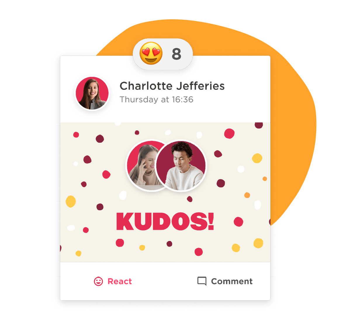 kudos, social media interaction with photos of two users celebrating achievement