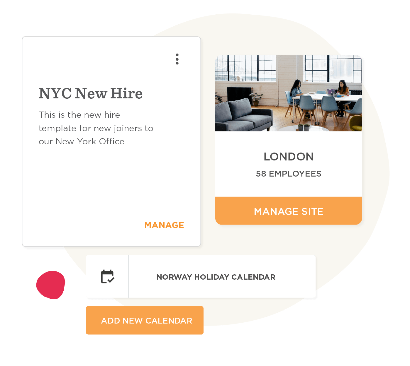 NYC New Hire template and London office info displayed on a modern interface with calendar options, Office management interface with employee details