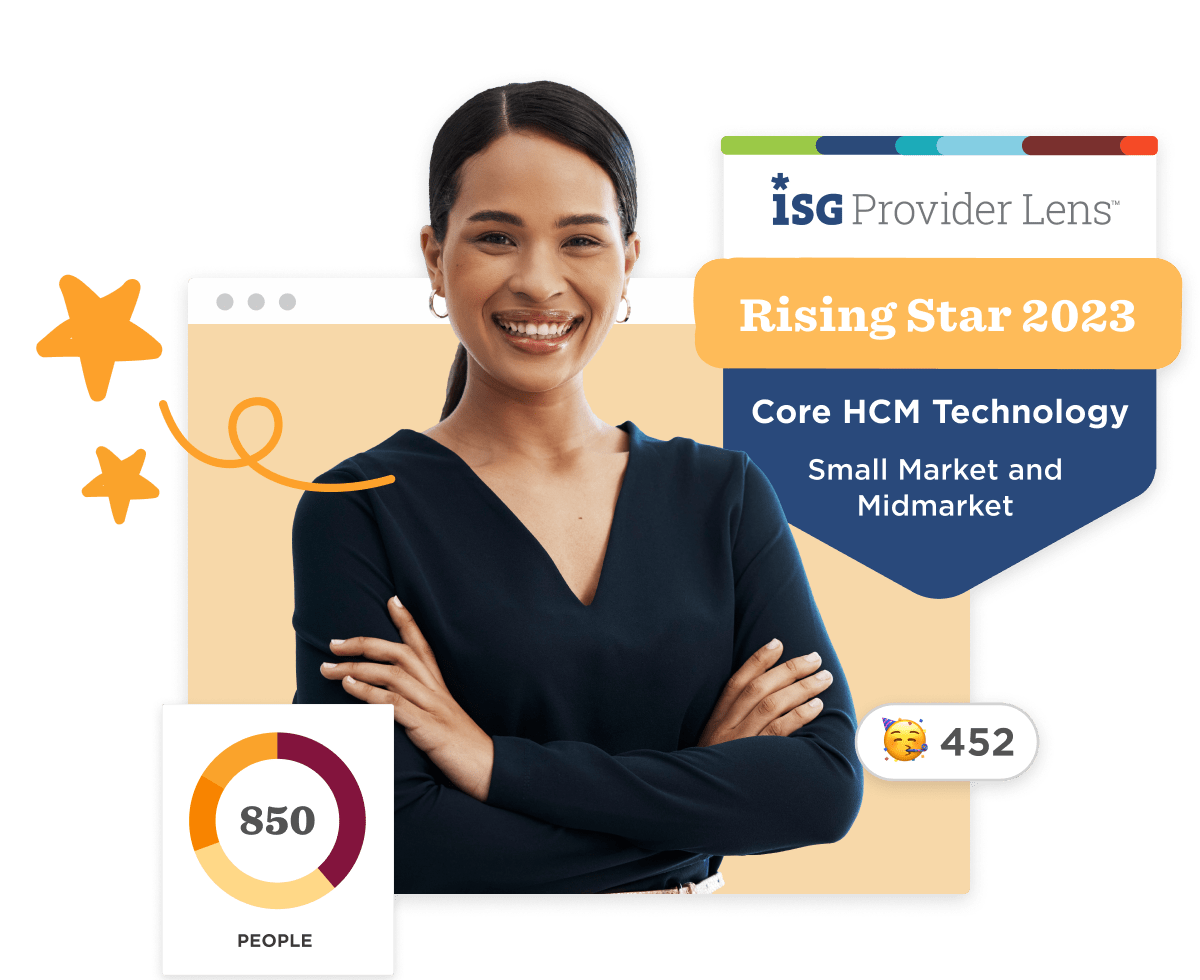 Rising Star 2023 female professional, smiling, highlighting Core HCM Technology for small and midmarket. 850 people. , RisingStar2023, HCMTechnology