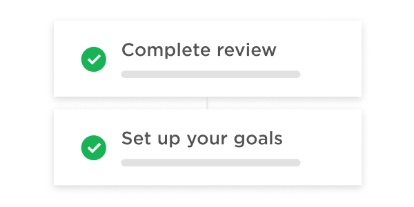 complete review checklist with progress bar, goal setting with completion indicator