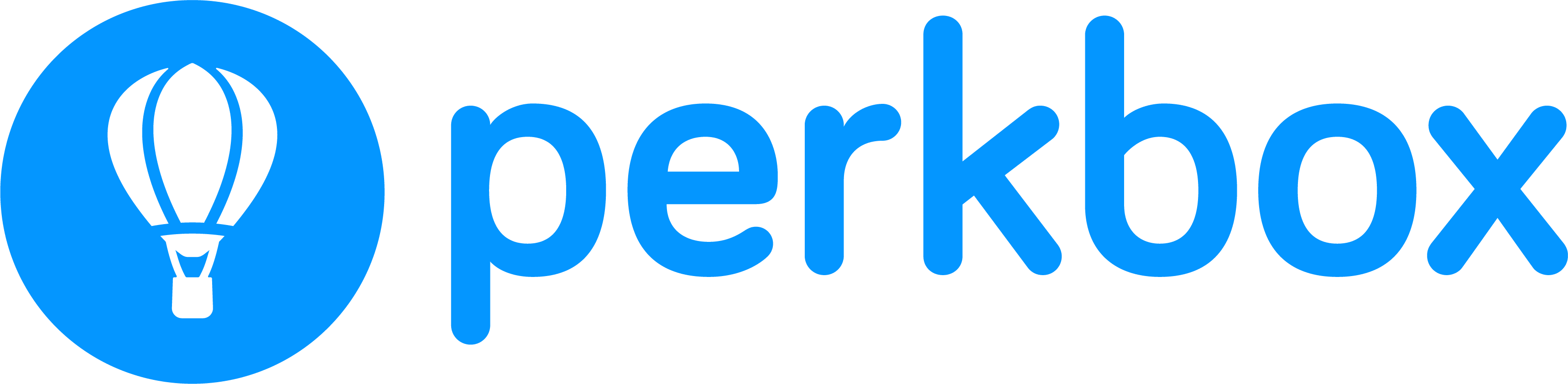 hot air balloon, perkbox logo on blue background
