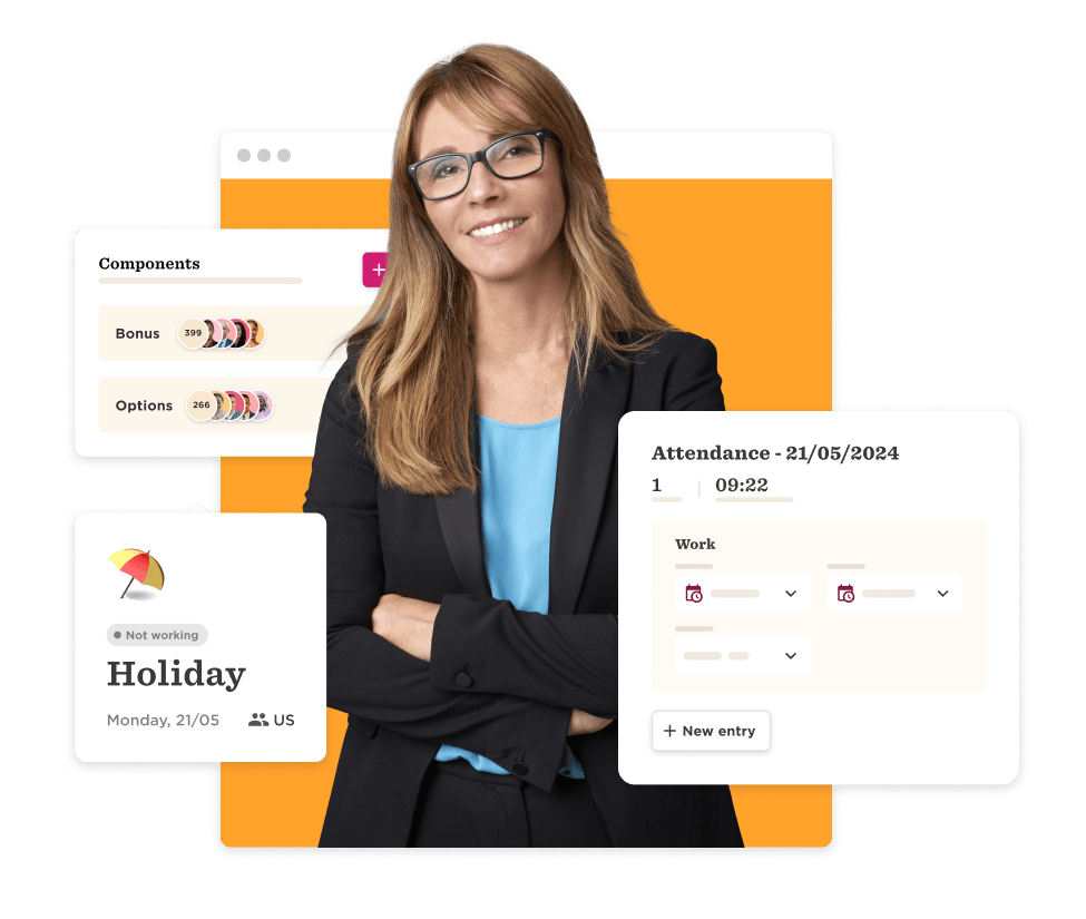 professional woman smiling in an office setting with attendance and holiday management dashboard, attendance and holiday management interface