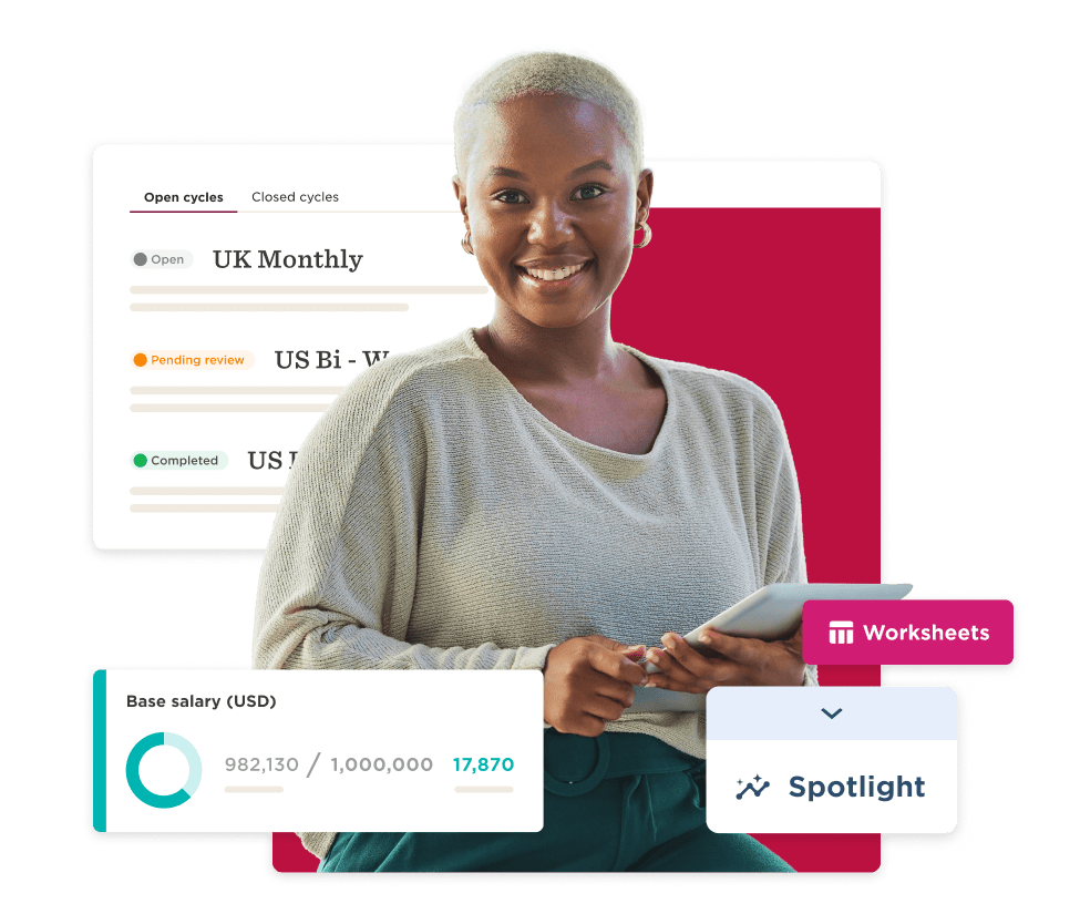 professional woman with light hair smiles, holding a tablet; background displays salary and task management data, work interface showcasing progress
