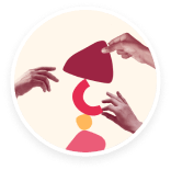hands arranging colorful shapes, abstract art with red, yellow, and pink elements in a circular composition