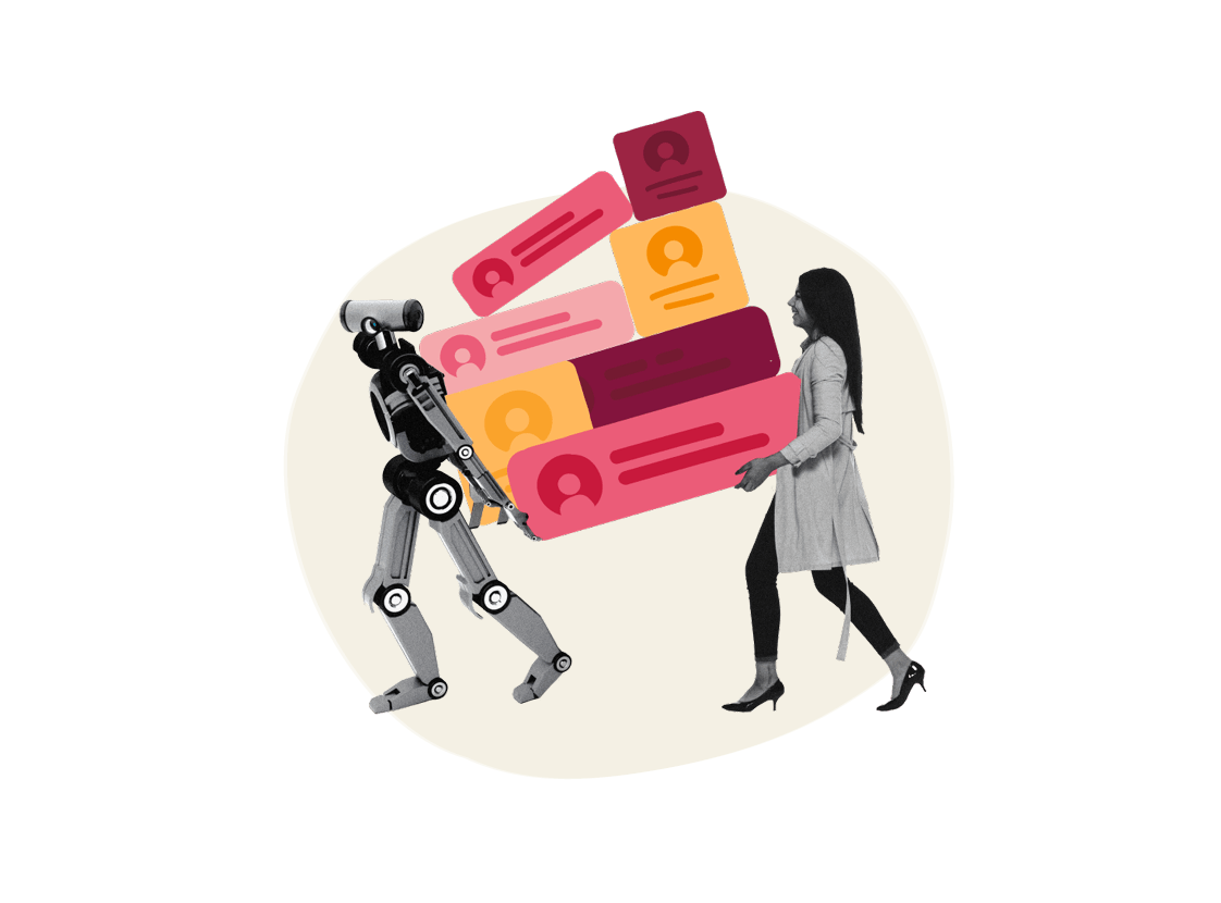 robot carrying colorful content blocks, woman walking alongside the robot in a modern workspace setting