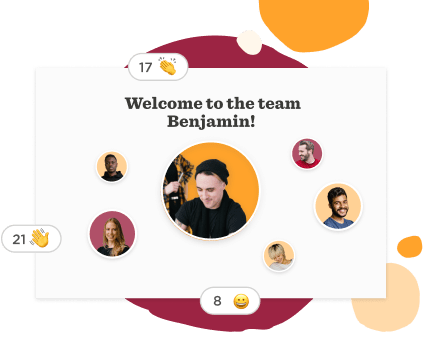 Welcome to the team message with a central image of Benjamin surrounded by team reactions and emojis. , team_welcome, Benjamin