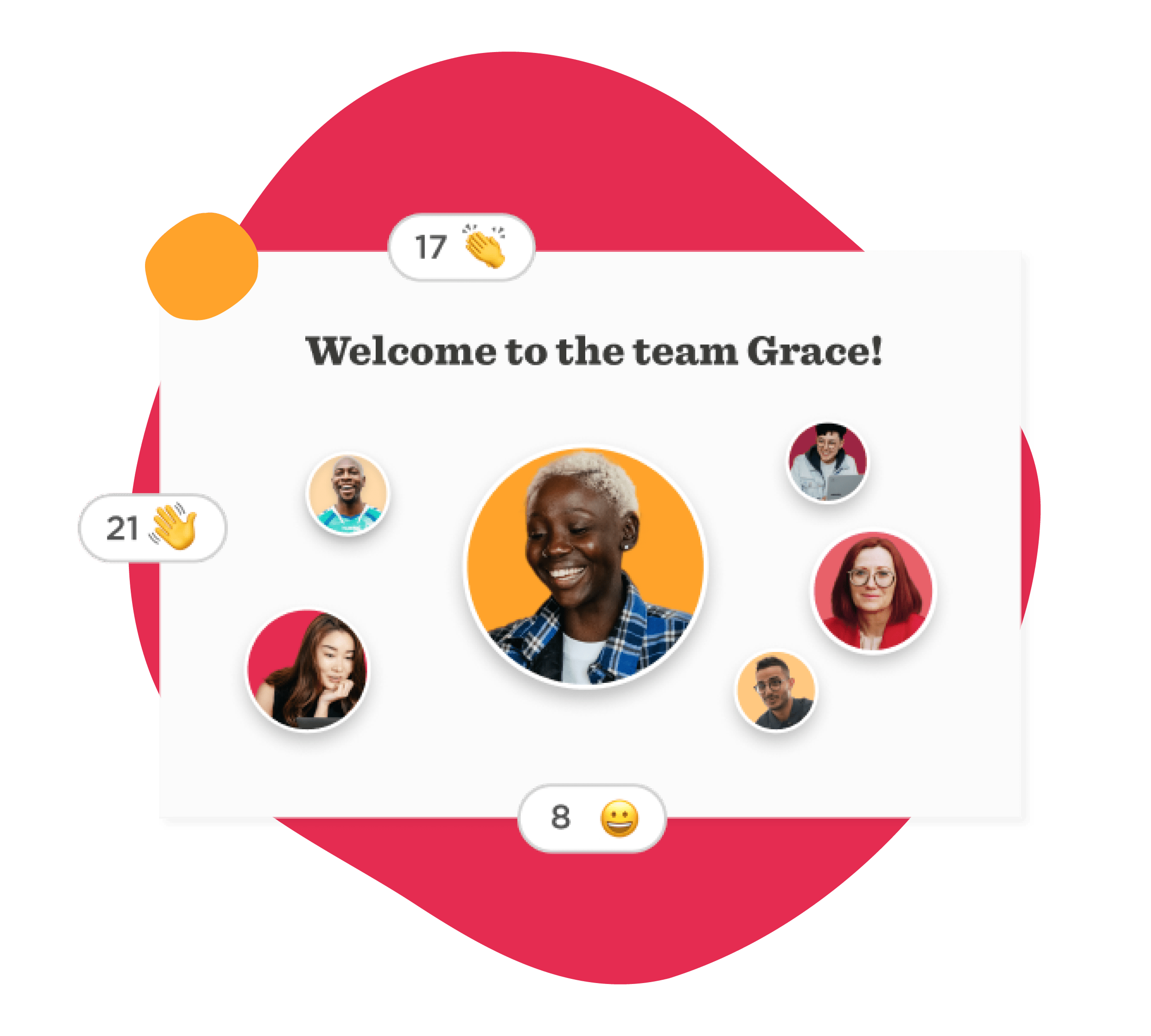 welcome to the team graphic with diverse faces, emojis, and greetings for new member Grace, team celebration and welcome message