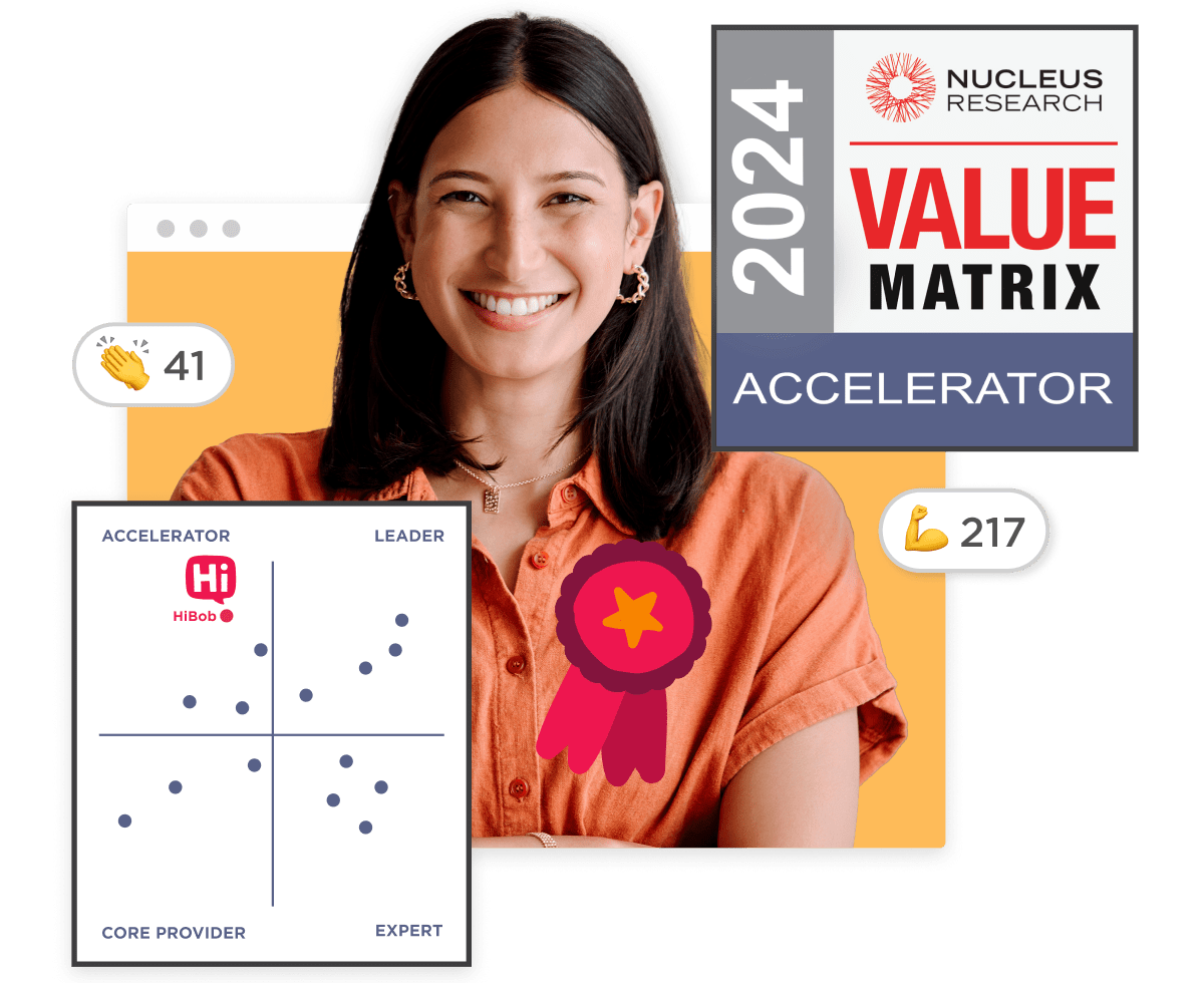 smiling woman in orange shirt with award ribbon, 2024 Nucleus Research Value Matrix, HiBob Accelerator chart, 2024 Value Matrix, HiBob Accelerator chart