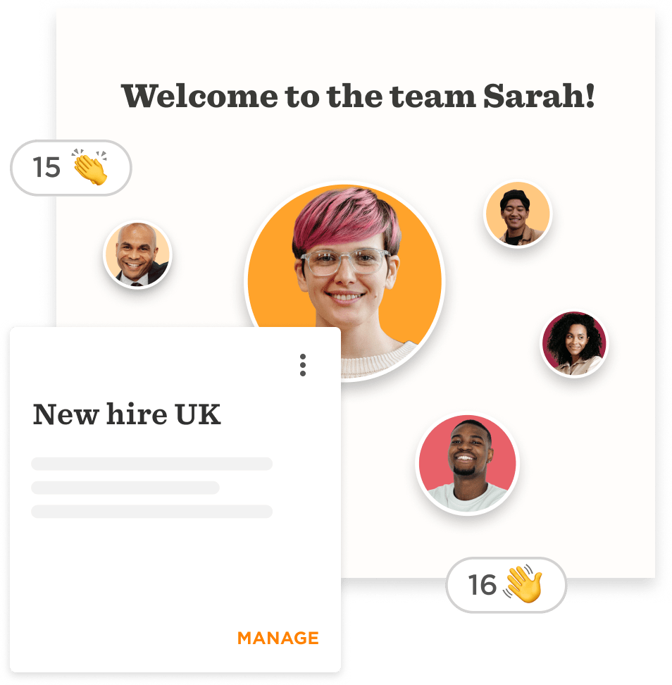 welcome message for new hire Sarah with team members' circular photos and engagement icons, team introduction and management interface
