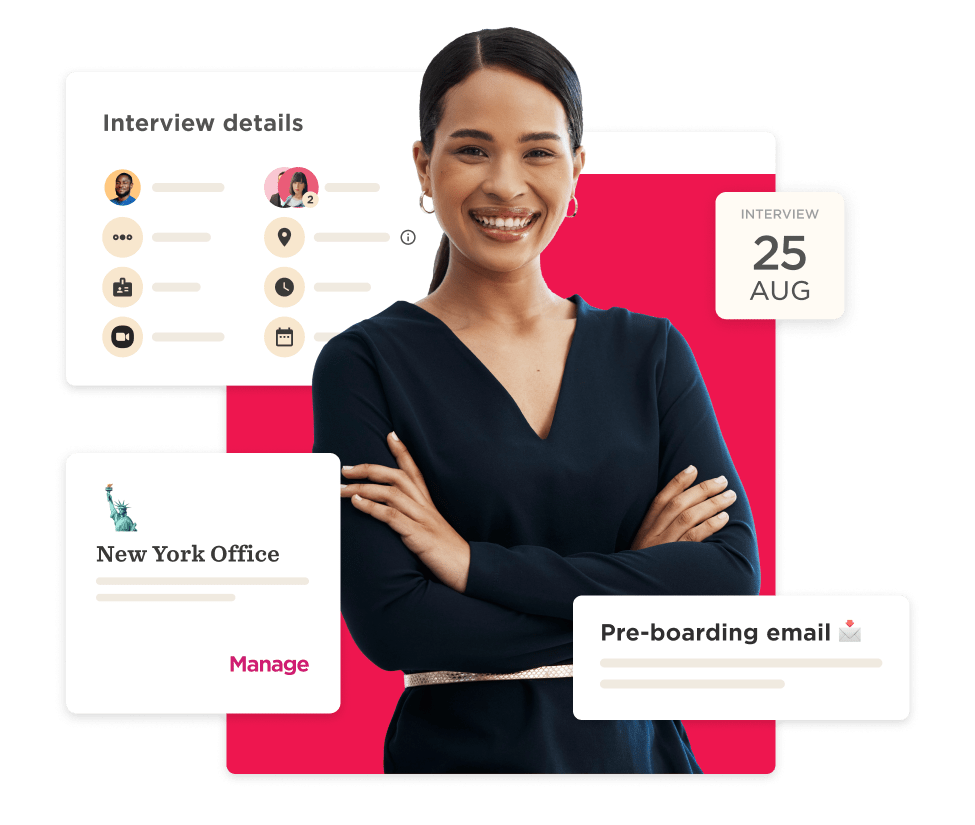 interview preparation with smiling woman, New York Office, key details on scheduling, and pre-boarding email, smiling woman, interview details, New York Office