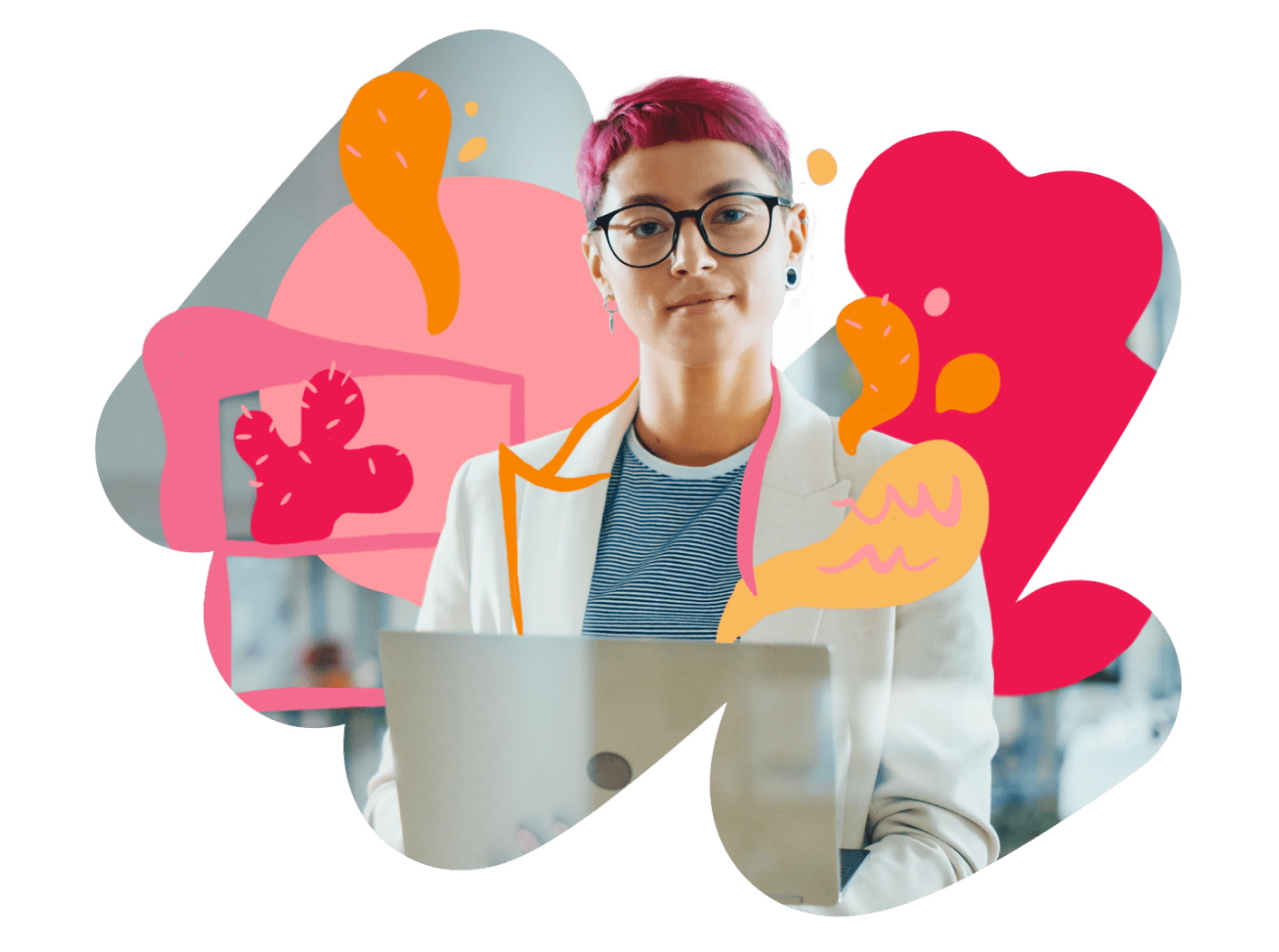 professional person with pink hair and glasses holding a laptop, surrounded by colorful abstract shapes, creative workspace with vibrant illustrations