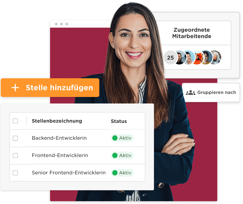job management interface, professional woman smiling with job listings and active status indicators