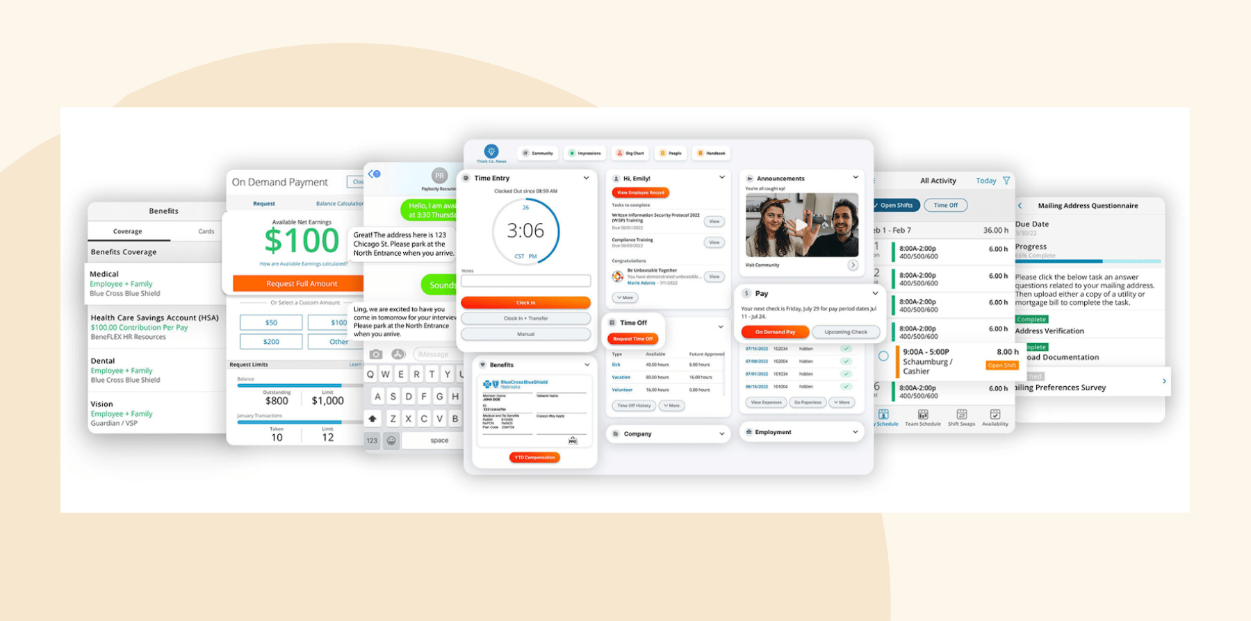 on-demand payment interface, employee benefits overview, time tracking features, activity logs, and user messaging, HR management dashboard, benefits details, and scheduling options