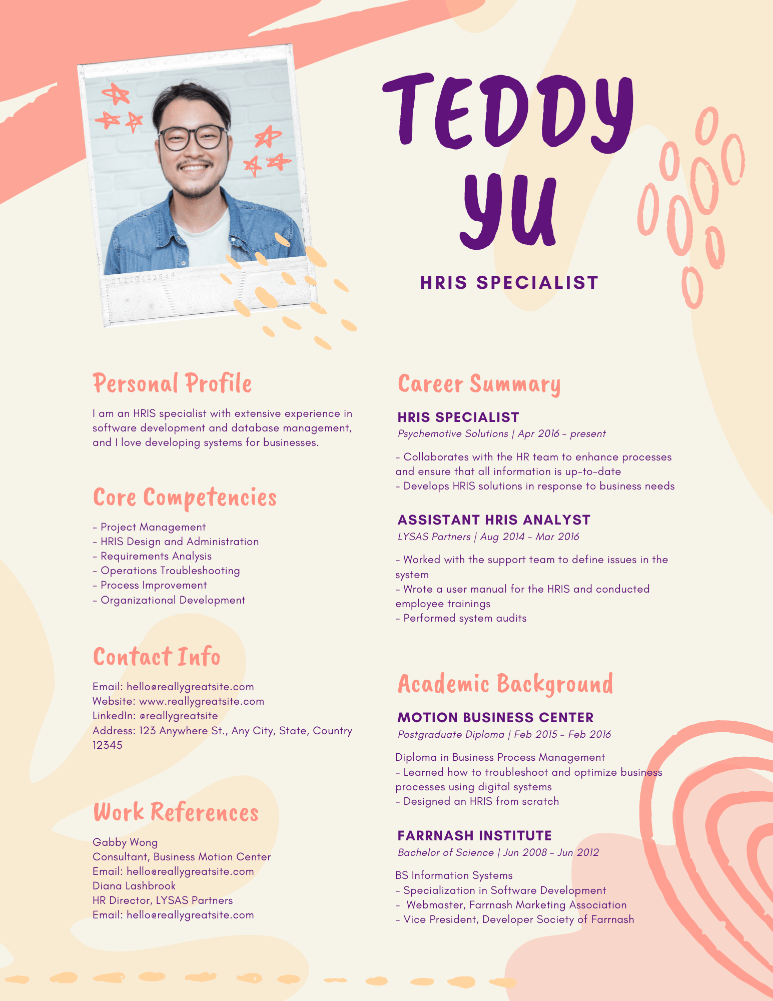 HRIS specialist Teddy Yu's profile featuring career summary and competencies in database management, Colorful infographic resume with personal and contact details