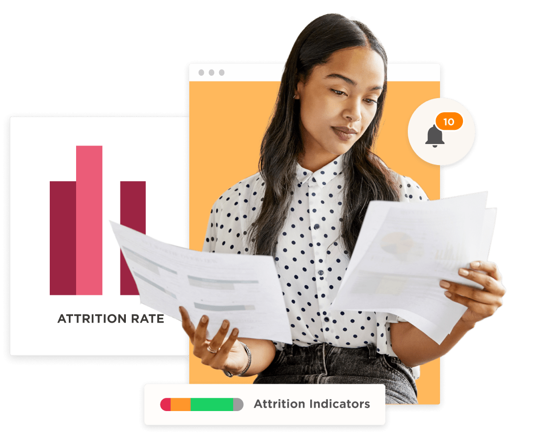woman analyzing reports, attrition rate indicators with graphs and alerts in a professional setting