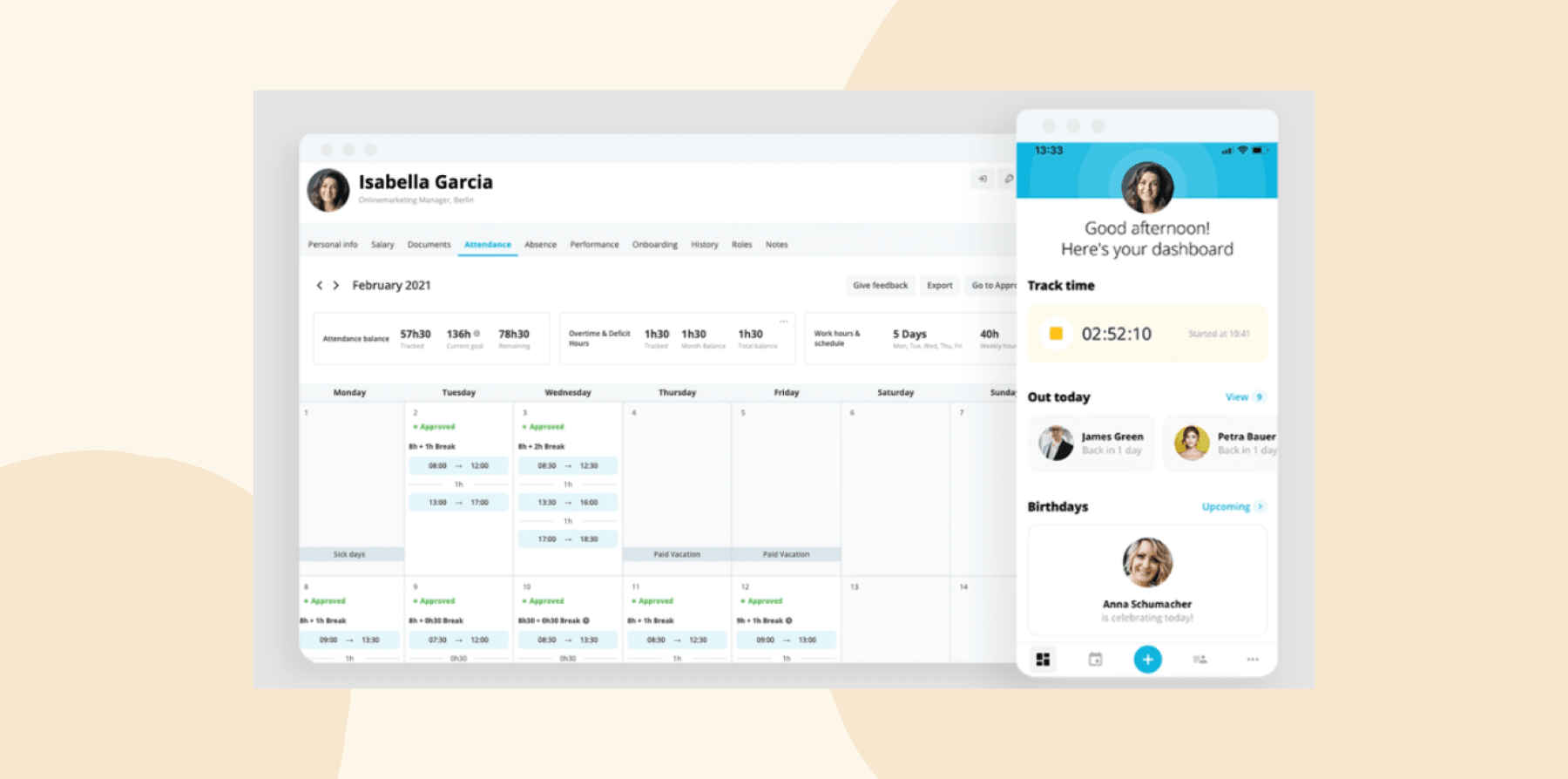 attendance dashboard, user profile summary