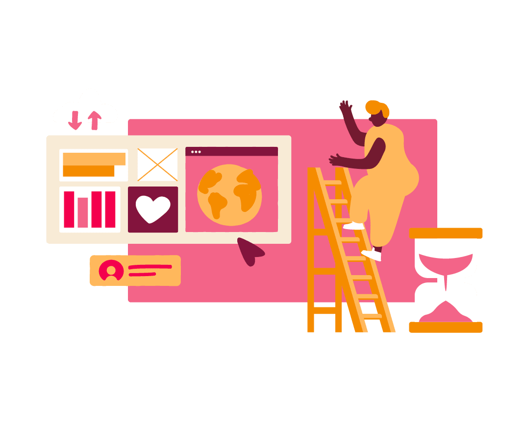 illustration of a person on a ladder near a computer screen with graphs and an earth icon, colorful design representing digital growth and time management