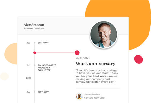 Alex Stanton, Work anniversary and timeline highlighting contributions in LGBTQ advocacy and software development.