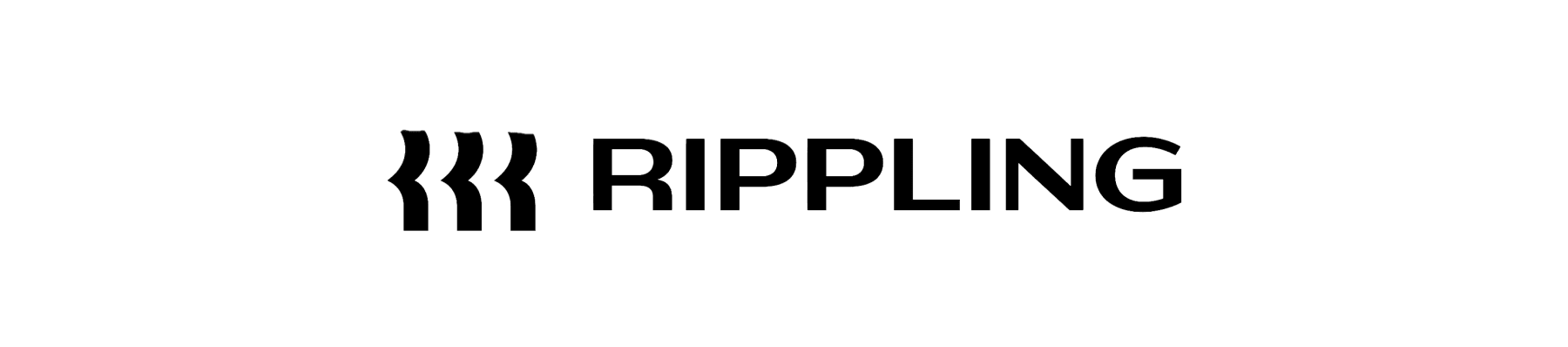 RIPPLING logo with stylized ripple effect before the text, conveying a modern and dynamic brand identity, Stylized logo highlighting movement and innovation in design.