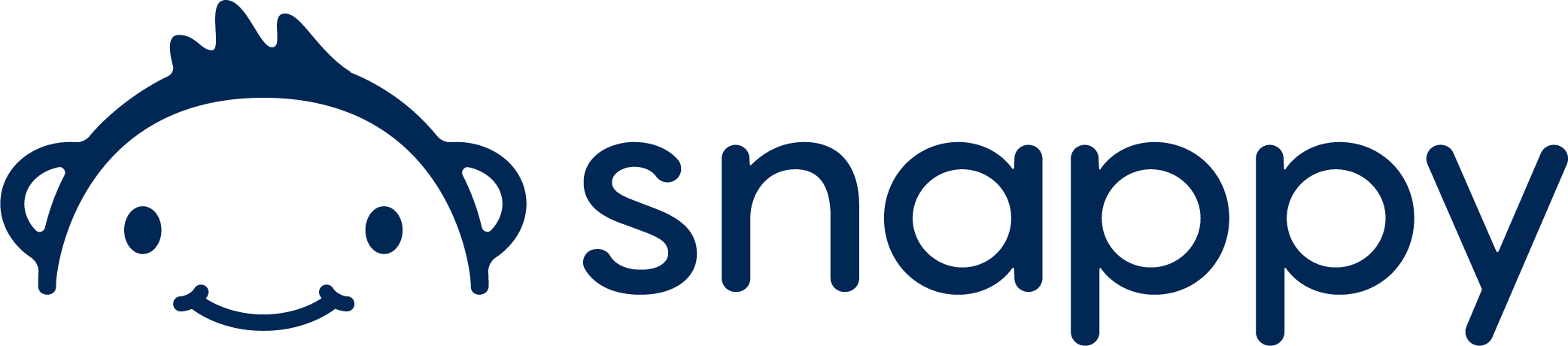 snappy logo with cartoon-like character, playful design showcasing friendly smile and unique hairstyle, branding identity in dark blue