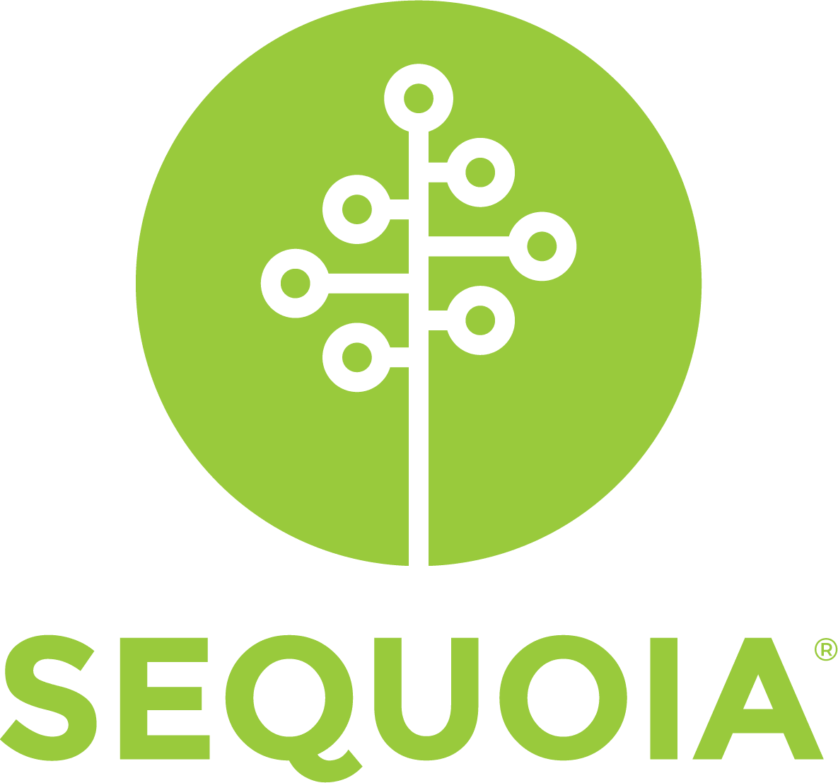 tree logo on green circle background representing Sequoia brand, modern design with stylized tree and bold typography