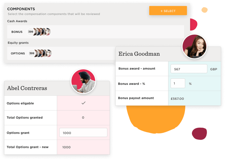compensation breakdown with cash awards and equity grants; user stats for Erica Goodman and Abel Contreras, salary structure with bonus amount and options grant details
