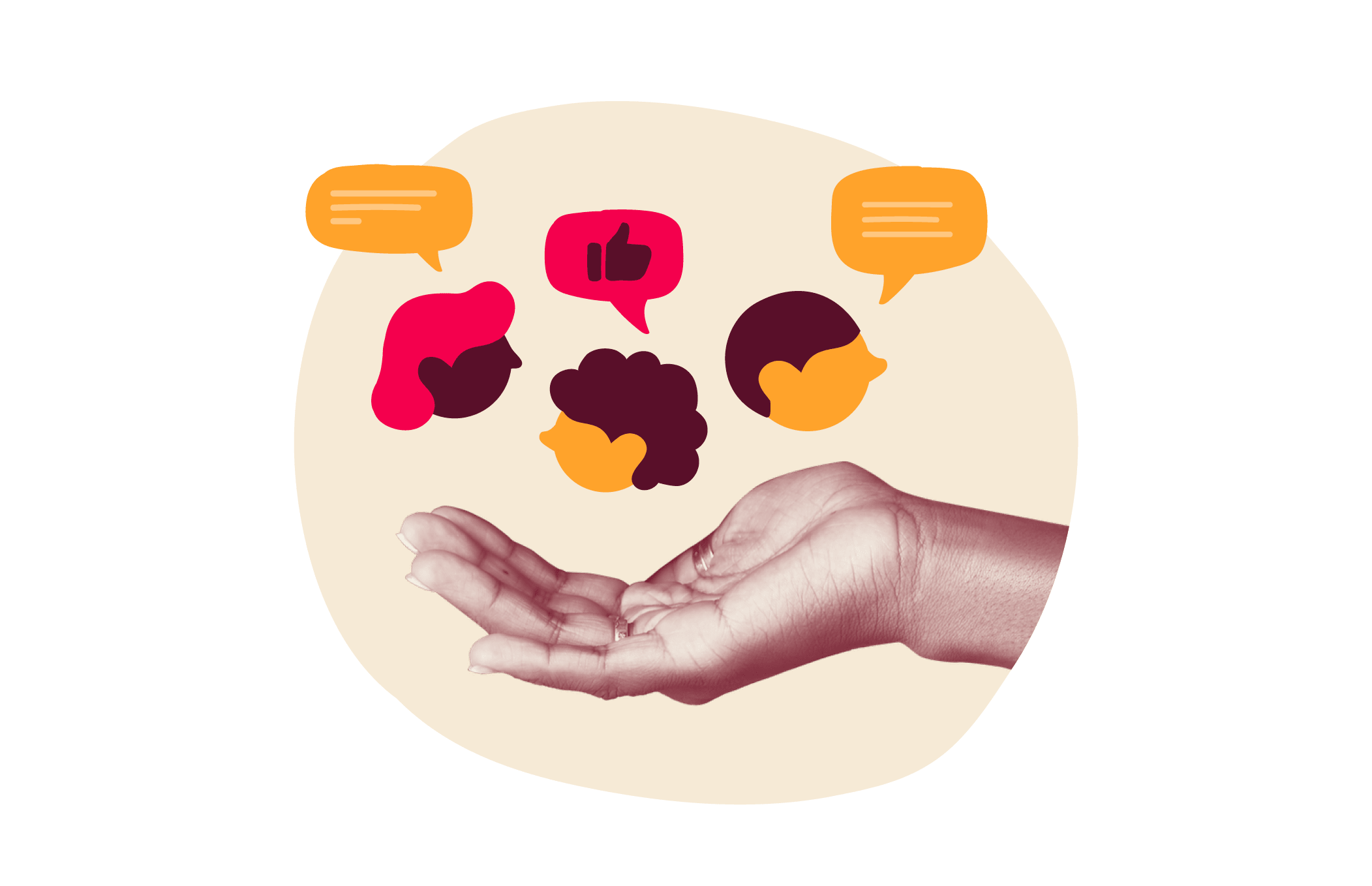 hand holding communication icons, diverse speech bubbles and faces symbolizing conversation and connection