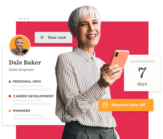 business woman smiling with smartphone at work, employee profile with task management interface and request time off button