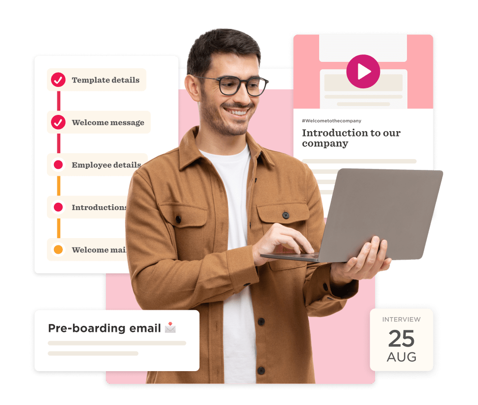 pre-boarding email and onboarding templates with a smiling man using a laptop, introduction to our company video presentation