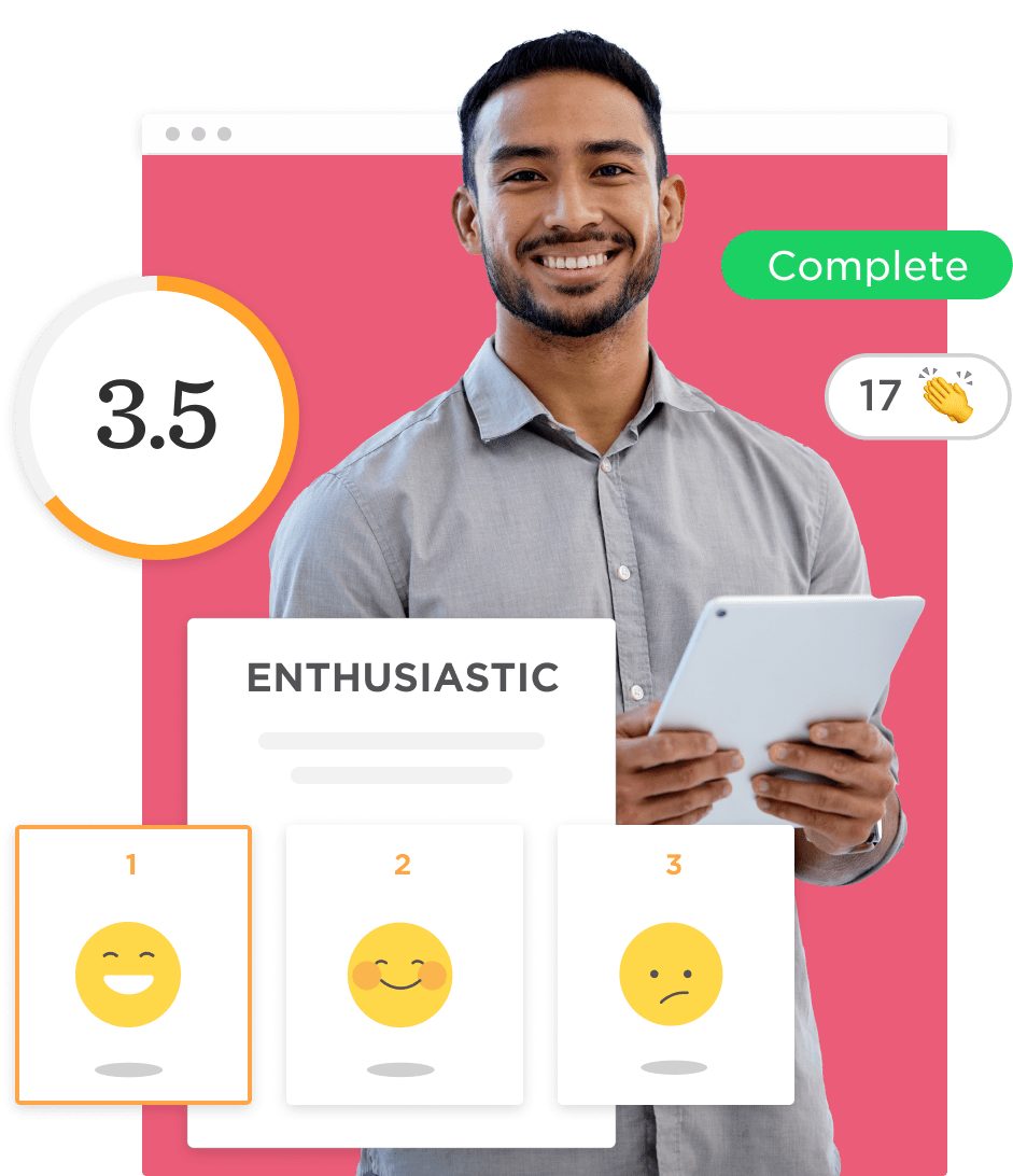 3.5 rating graphic with smiling emojis, man holding a tablet, showing engagement and feedback elements, Enthusiastic feedback interface with rating system.