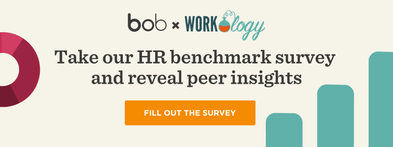 HR benchmark survey invitation by Bob and Workology, featuring colorful graphics and a prominent call-to-action button. , HRsurvey, calltoaction