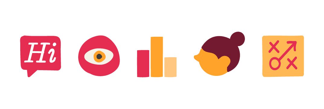 chat bubble, eye chart, bar graph, user icon, strategy symbol