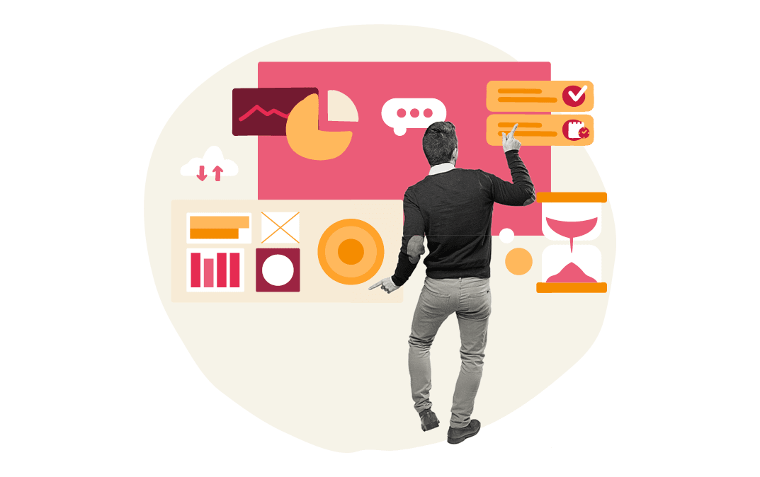 man interacting with data visuals, including charts, icons, and notifications in a modern workspace, data analysis and visualization tools