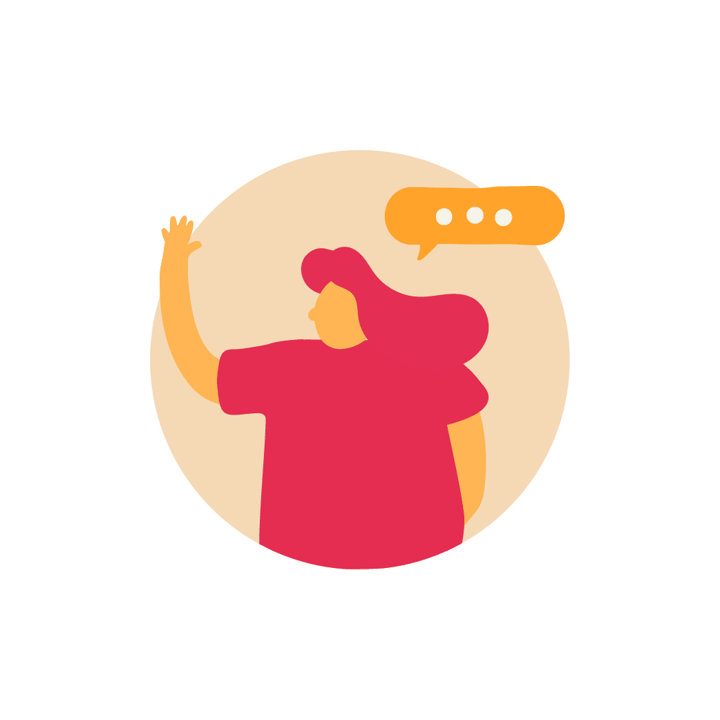 woman waving, speech bubble with three dots