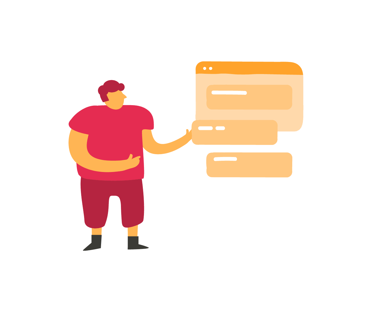 person standing with orange interface elements, illustration of digital communication and engagement concepts