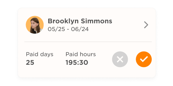 Brooklyn Simmons summary with paid days, paid hours, and date range in a clean interface. 25 days, 195:30 hours. , BrooklynSimmons, paiddayspaidhours