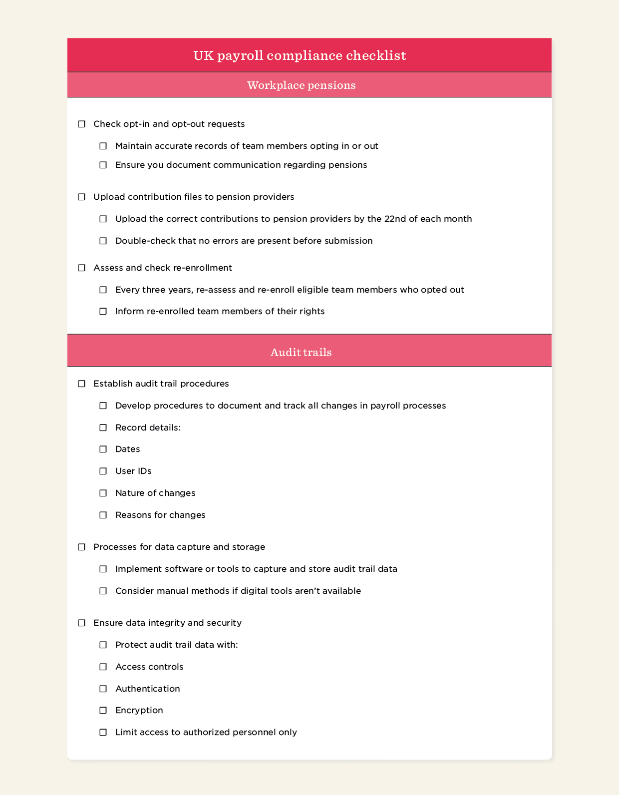 UK payroll compliance checklist for workplace pensions, detailing procedures for opt-in, contributions, and audit trails., pension compliance, audit trail procedures